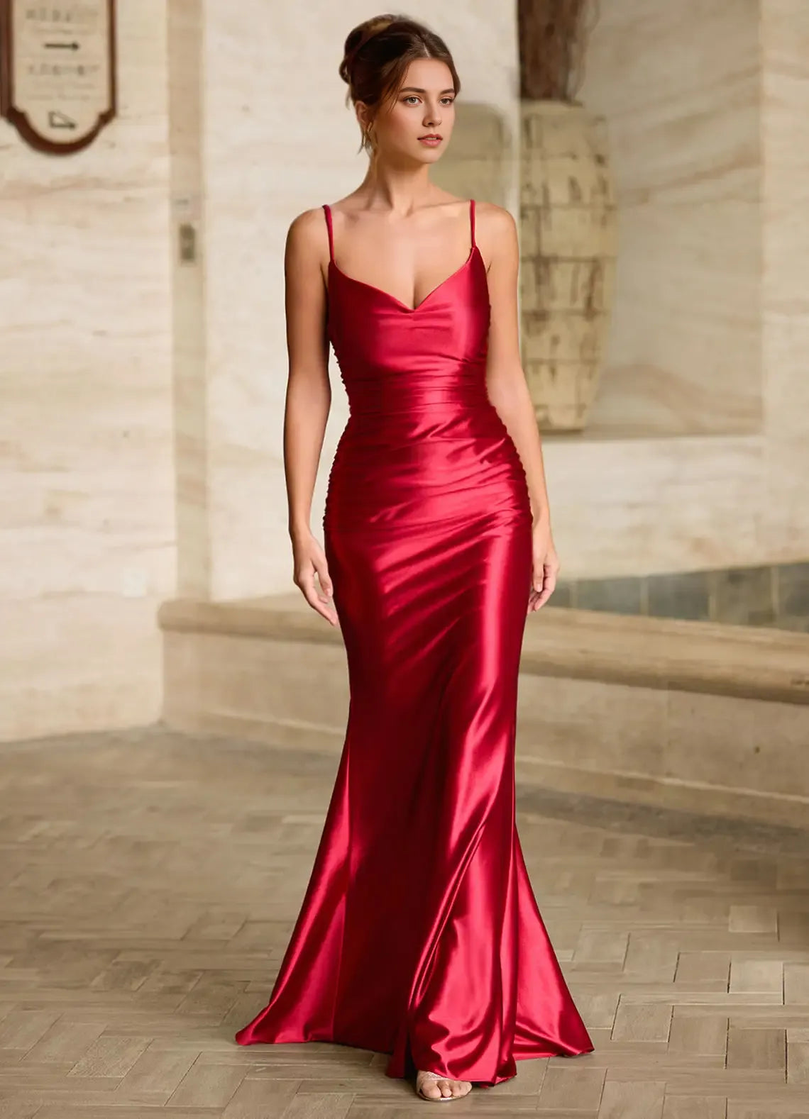 Satin Mermaid Plunging V Neck Spaghetti Strap Crisscross Lace Up Back Floor Length Female Evening Dress