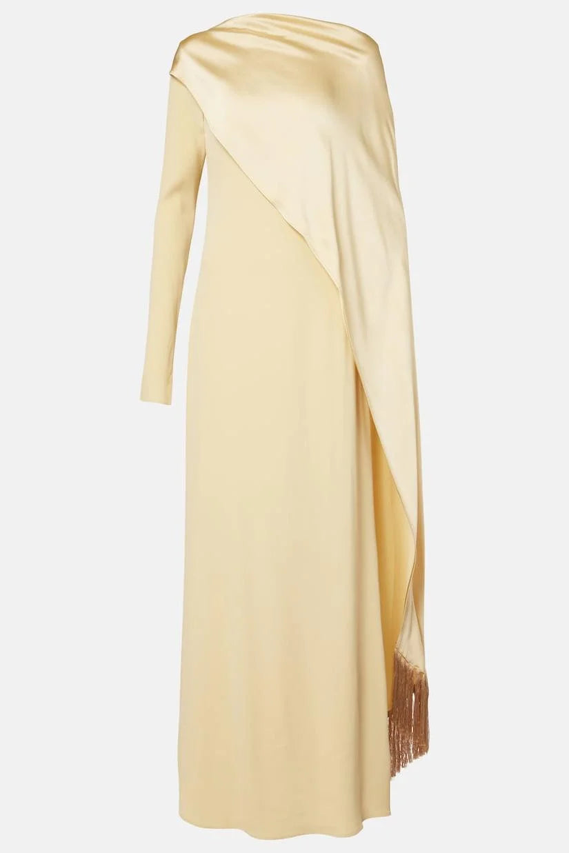 Satin Cape Sleeve Tassel Maxi Dress simple gentle atmospheric and unique desi Bring summer colors to enhance whiteness ﻿