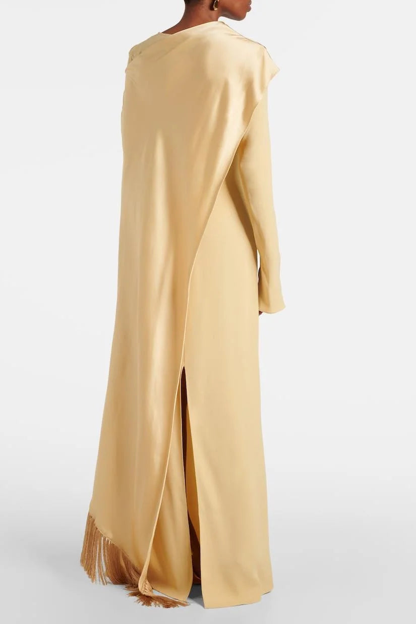Satin Cape Sleeve Tassel Maxi Dress simple gentle atmospheric and unique desi Bring summer colors to enhance whiteness ﻿