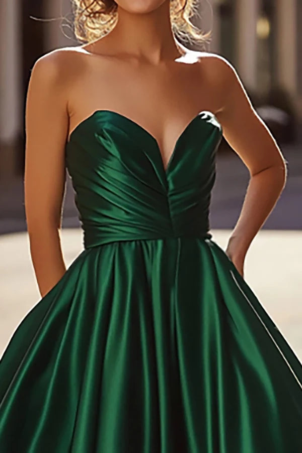 Satin Dark Green A Line Sweetheart Long Prom Dress simple gentle atmospheric and unique desi Bring summer colors to enhance whiteness