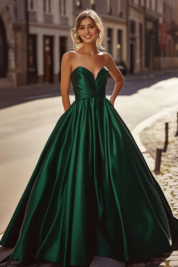 Satin Dark Green A Line Sweetheart Long Prom Dress simple gentle atmospheric and unique desi Bring summer colors to enhance whiteness