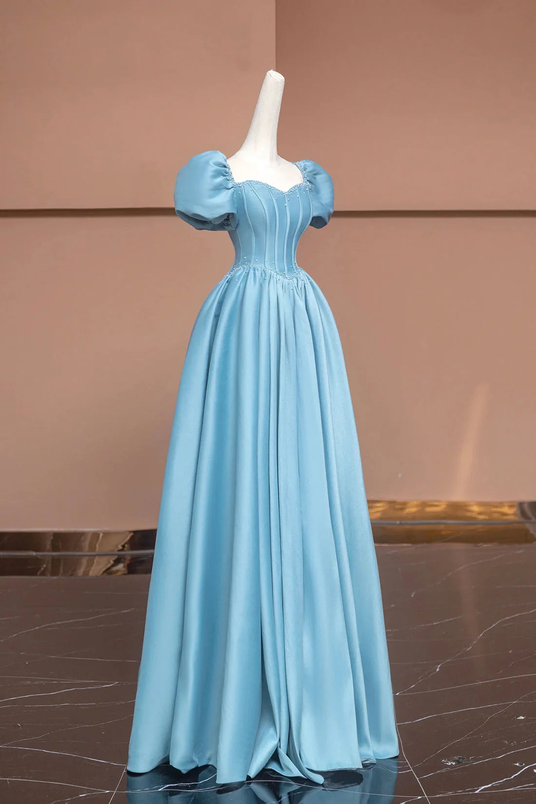 Satin Long A-Line Prom Dress with Pearls Cute Short Sleeve Evening Dress Simple Short Bridesmaid Dresses