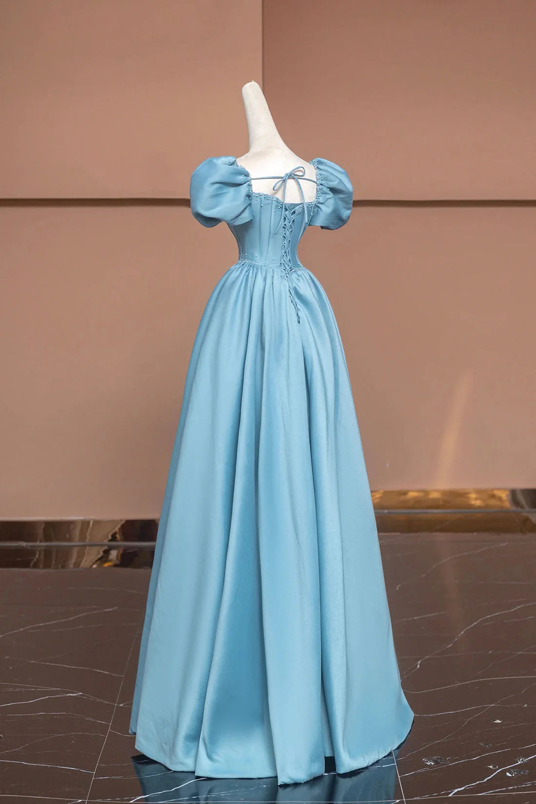 Satin Long A-Line Prom Dress with Pearls Cute Short Sleeve Evening Dress Floor Length