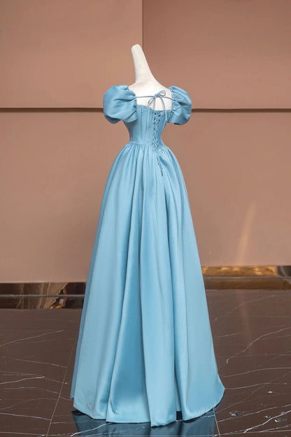 Satin Long A-Line Prom Dress with Pearls Cute Short Sleeve Evening Dress Floor Length