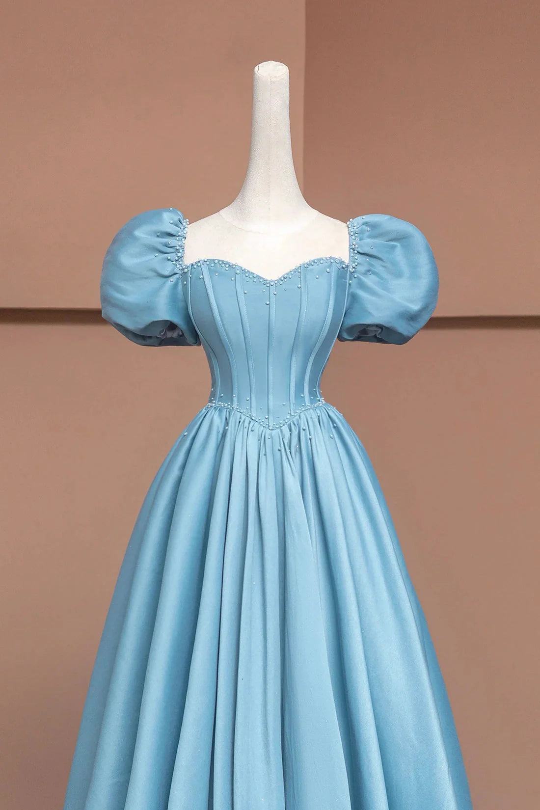 Satin Long A-Line Prom Dress with Pearls Cute Short Sleeve Evening Dress Floor Length