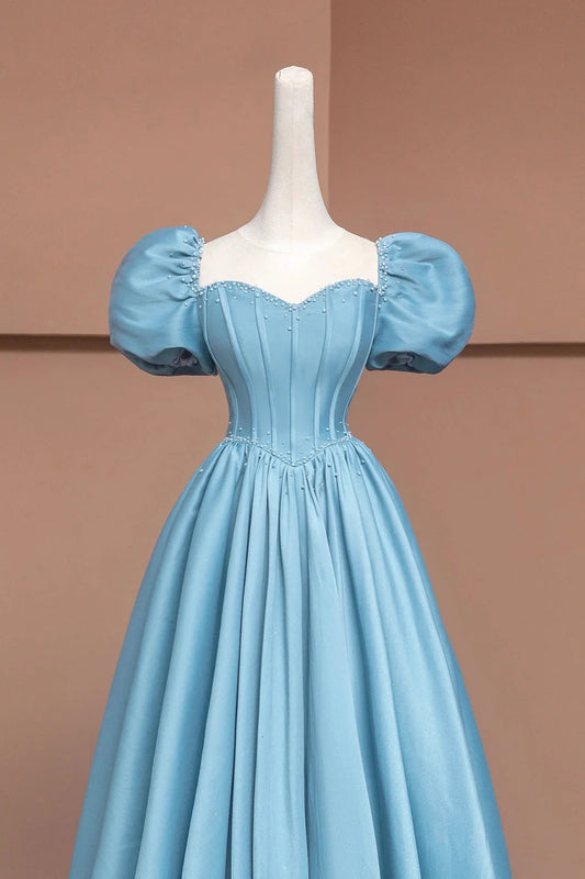 Satin Long A-Line Prom Dress with Pearls Cute Short Sleeve Evening Dress Floor Length