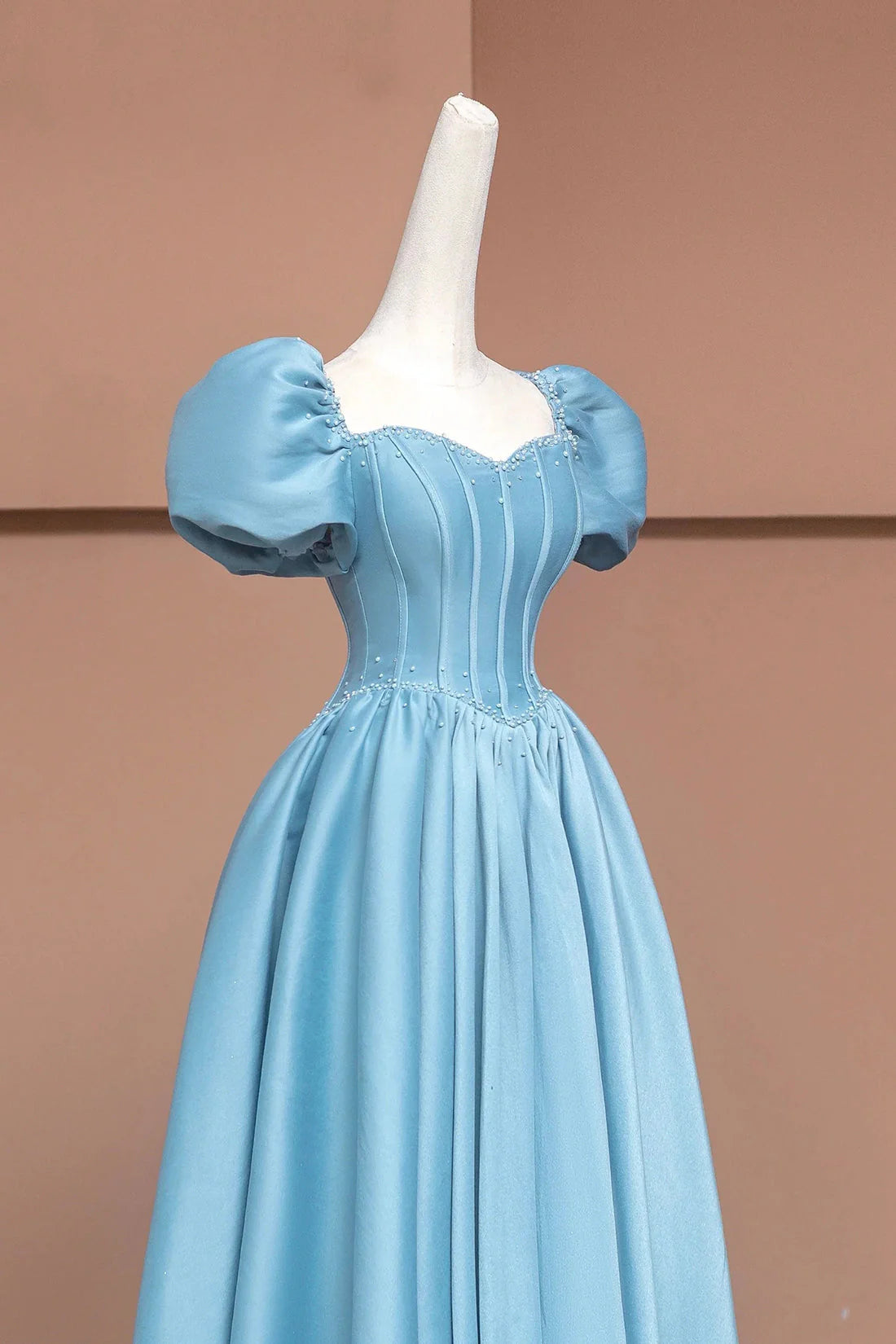 Satin Long A-Line Prom Dress with Pearls Cute Short Sleeve Evening Dress Floor Length