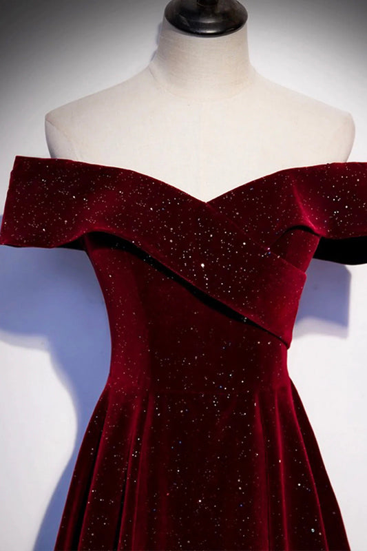 Satin Long Pleated Long Prom Dress Elegant Short Sleeve Evening Party Dress Discount Long Bridesmaid Dresses Burgundy Velvet Long Prom Dress, Off the Shoulder Evening Party Dress