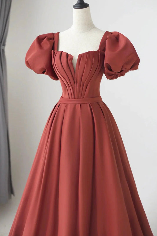 Satin Long Pleated Long Prom Dress Elegant Short Sleeve Evening Party Dress Discount Long Bridesmaid Dresses