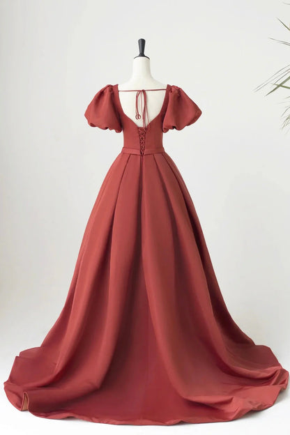 Satin Long Pleated Long Prom Dress Elegant Short Sleeve Evening Party Dress Discount Long Bridesmaid Dresses