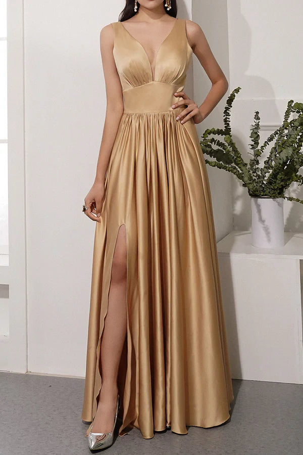 Satin Long Prom Party Dress With Slit Simple gentle atmospheric and unique design