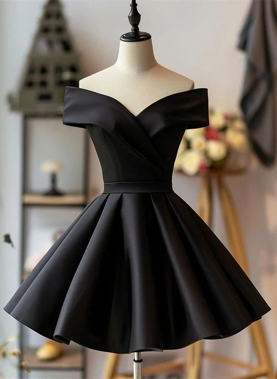 Satin Off Shoulder Knee Length Homecoming Dress Black Party Dress simple gentle atmospheric and unique desi Brin