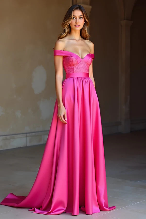 Satin Off The Shoulder A Line Simple Fuchsia Prom Dress simple gentle atmospheric and unique desi Bring summer colors to enhance whiteness