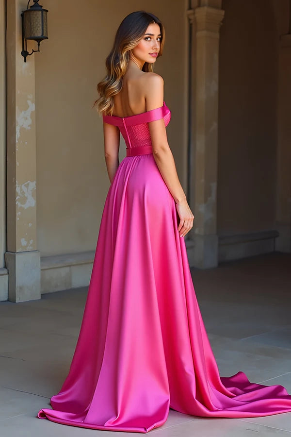 Satin Off The Shoulder A Line Simple Fuchsia Prom Dress simple gentle atmospheric and unique desi Bring summer colors to enhance whiteness