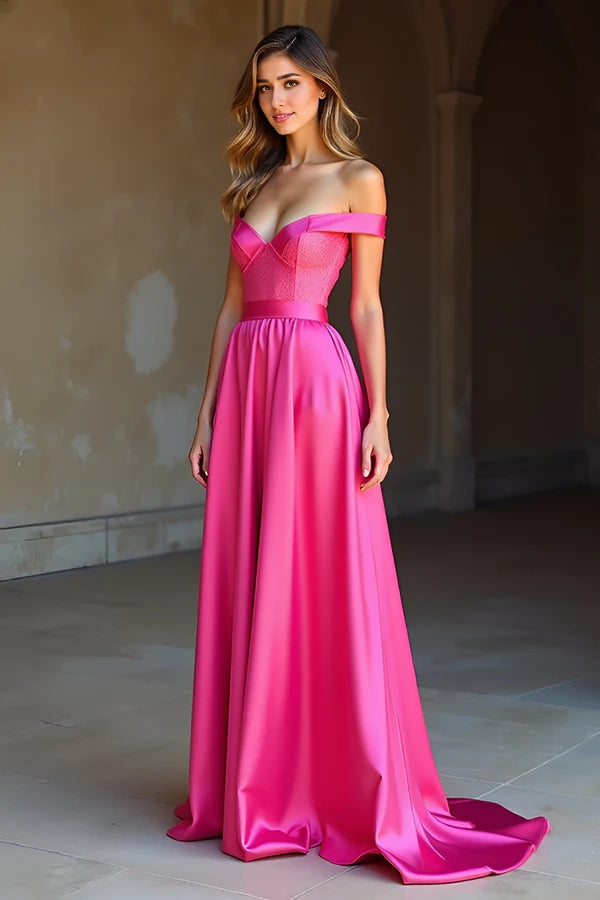 Satin Off The Shoulder A Line Simple Fuchsia Prom Dress simple gentle atmospheric and unique desi Bring summer colors to enhance whiteness
