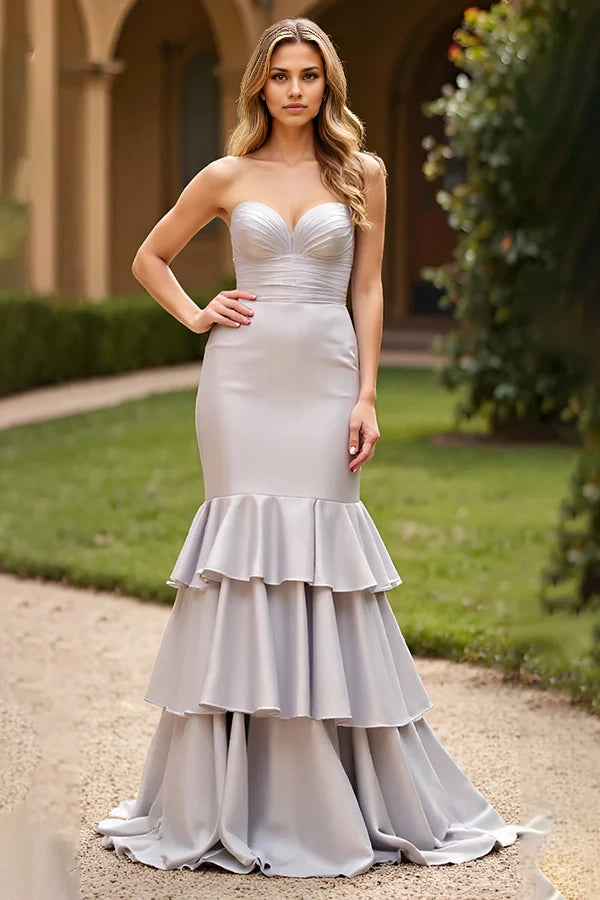 Satin Silver Long Mermaid Sweetheart Prom Dress with Ruffles simple gentle atmospheric and unique desi Bring summer colors to enhance whiteness