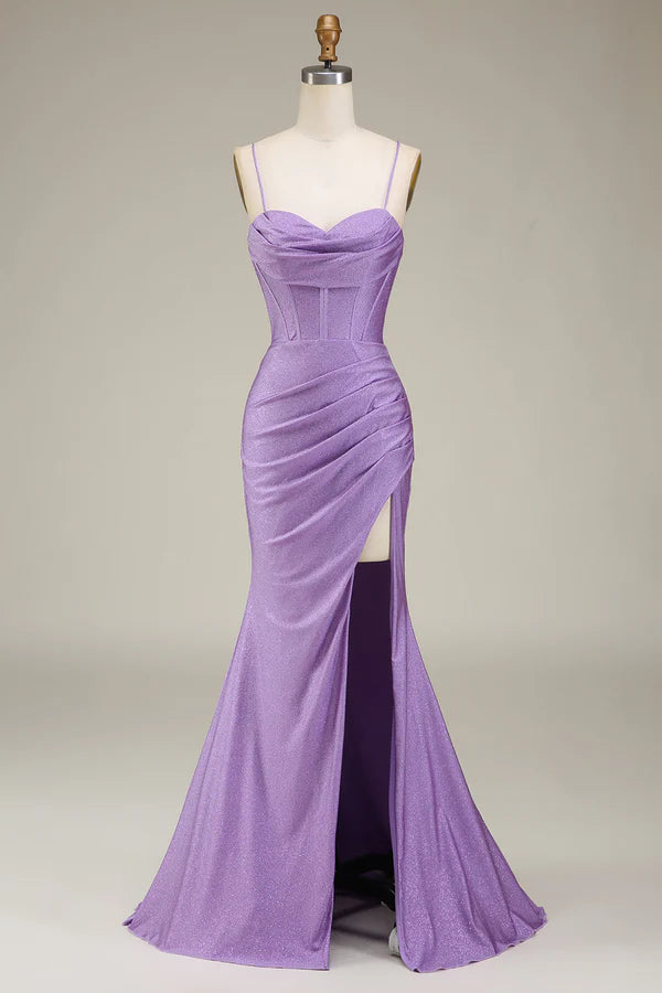 Satin Spaghetti Straps Lilac Purple Prom Dress with Corset Simple gentle atmospheric and unique desig