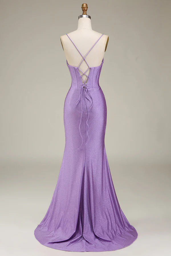Satin Spaghetti Straps Lilac Purple Prom Dress with Corset Simple gentle atmospheric and unique desig