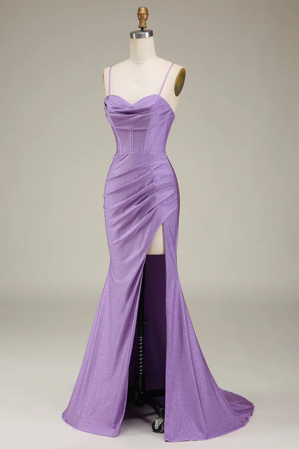 Satin Spaghetti Straps Lilac Purple Prom Dress with Corset Simple gentle atmospheric and unique desig