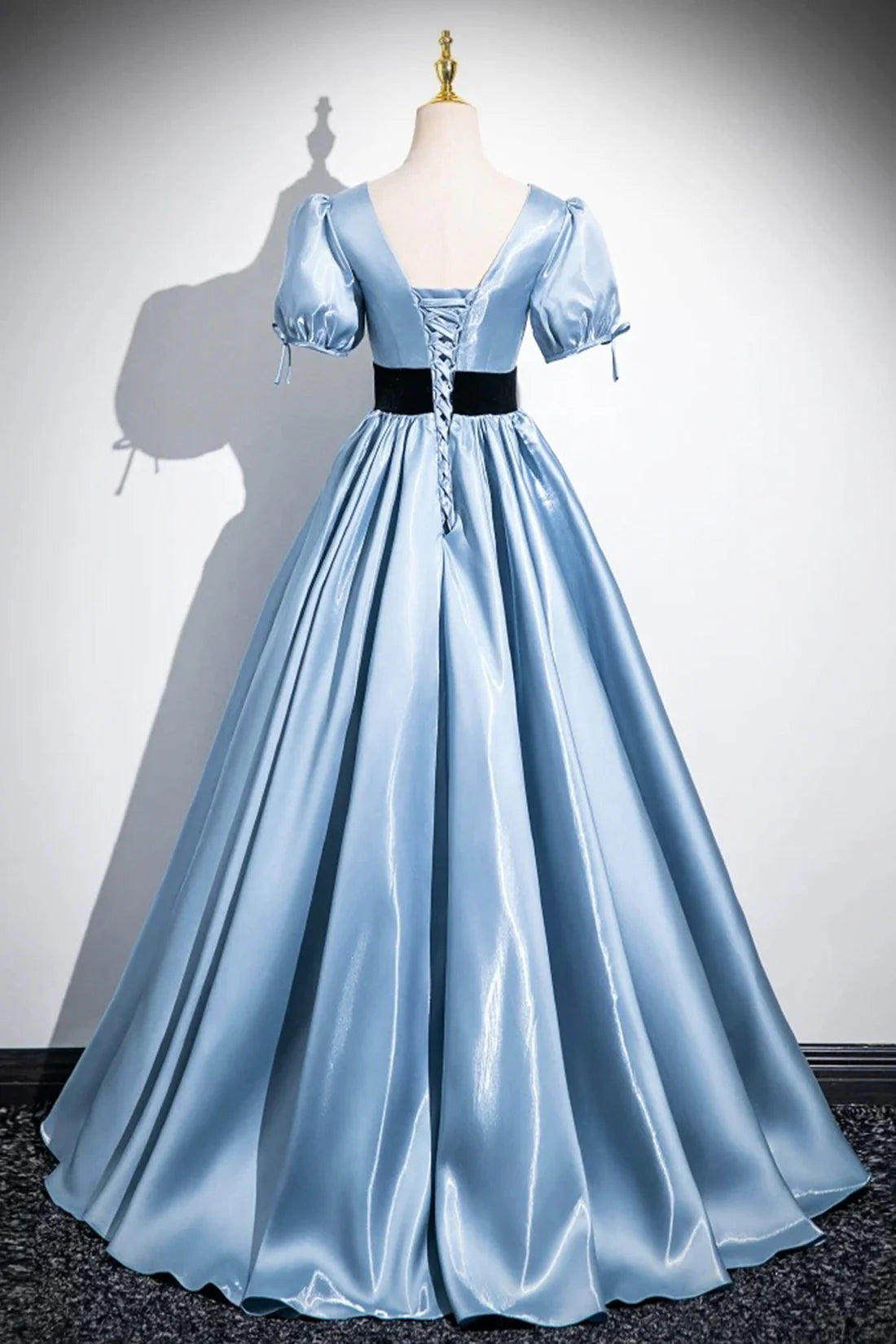 Satin and Black Velvet Long Prom Dress A-Line V-Neck Short Sleeve Evening Dress simple gentle atmospheric and unique desi Bring