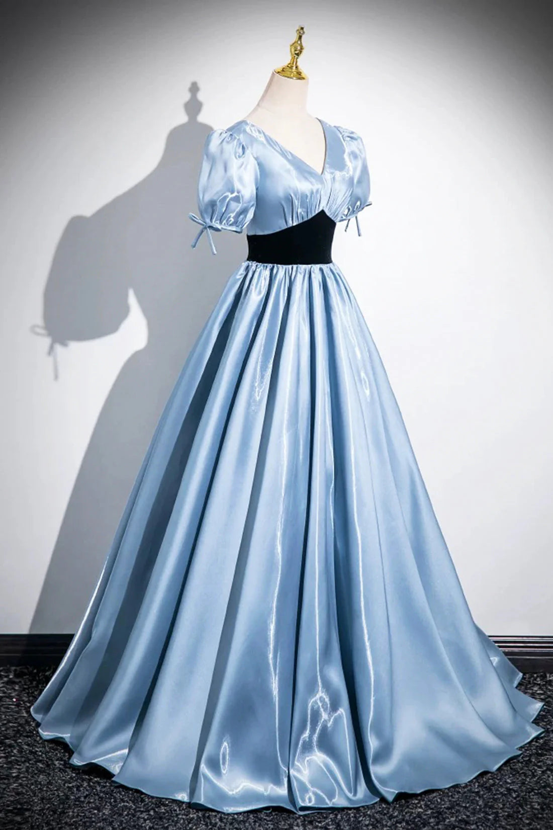 Satin and Black Velvet Long Prom Dress A-Line V-Neck Short Sleeve Evening Dress simple gentle atmospheric and unique desi Bring