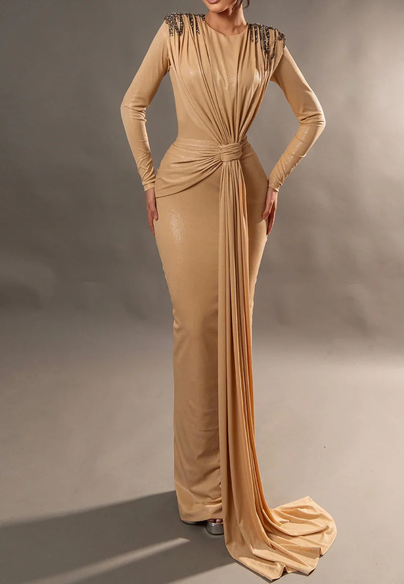 Scoop Long Sleeves Pleated Beaded Sleek Formal Dress Mermaid Evening Dress simple gentle atmospheric and unique desi Bring summer colors to enhance whiteness