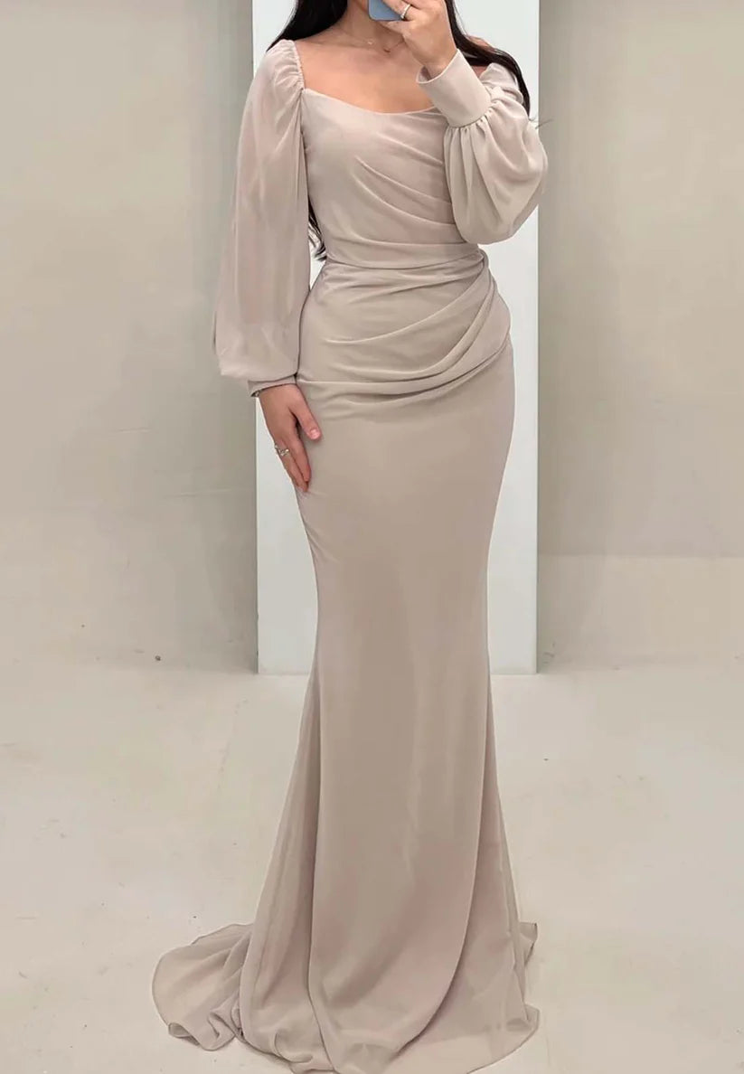 Scoop Long Sleeves Pleated Mermaid Formal Dress simple gentle atmospheric and unique desi Bring summer colors to enhance whiteness