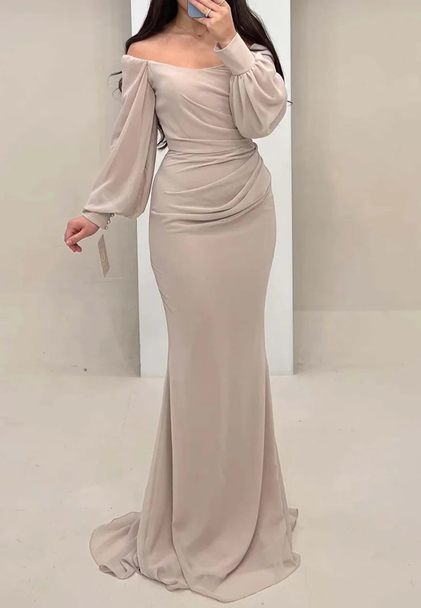 Scoop Long Sleeves Pleated Mermaid Formal Dress simple gentle atmospheric and unique desi Bring summer colors to enhance whiteness