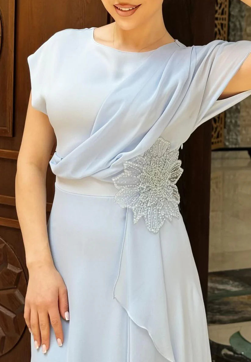 Scoop Short Sleeves Chiffon Sheath Mother of Bride Dress simple gentle atmospheric and unique desi Bring summer colors to enhance whiteness