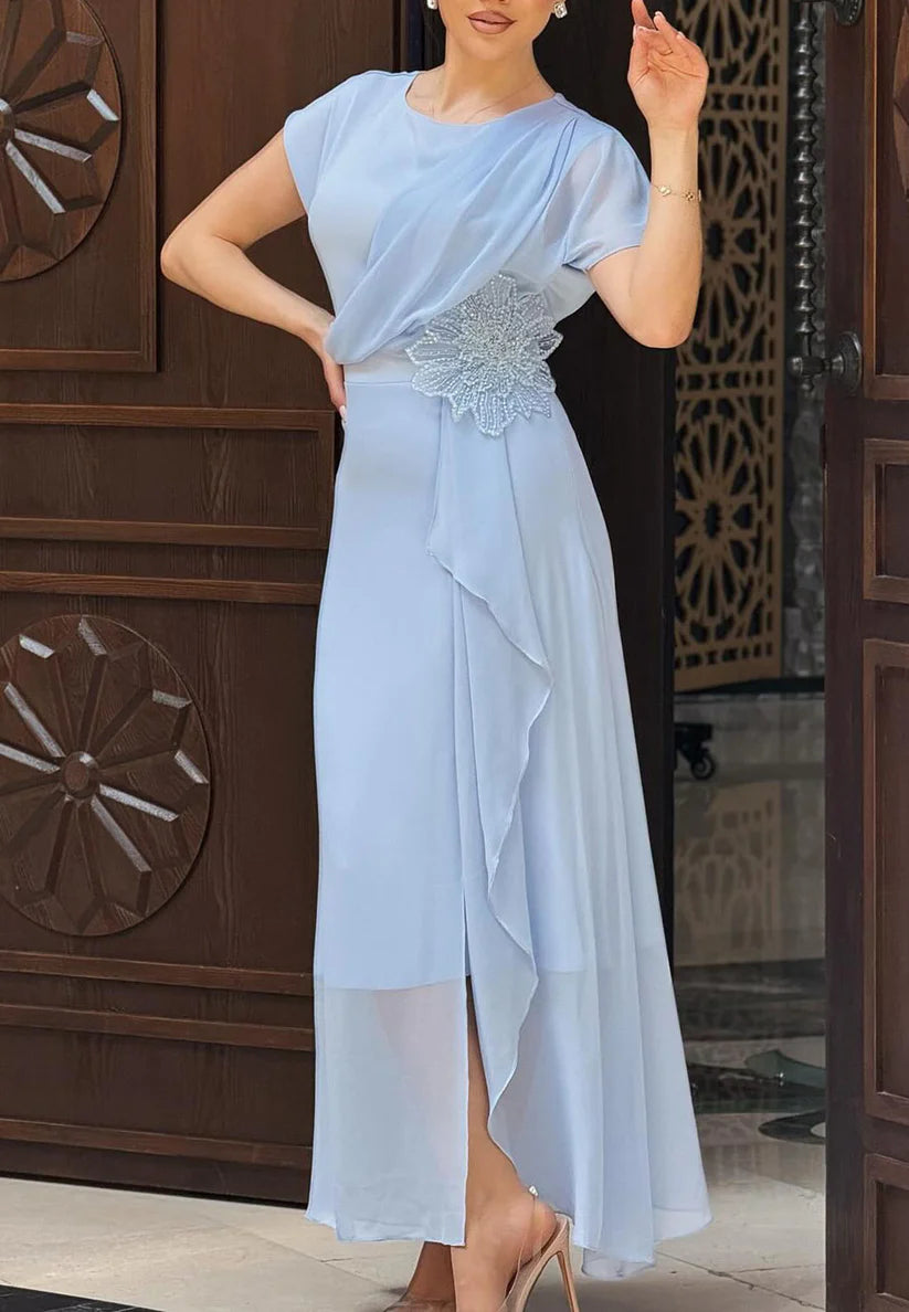 Scoop Short Sleeves Chiffon Sheath Mother of Bride Dress simple gentle atmospheric and unique desi Bring summer colors to enhance whiteness