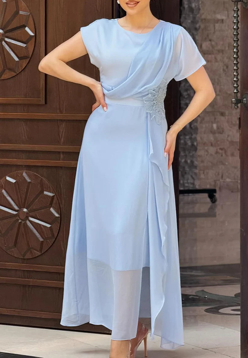 Scoop Short Sleeves Chiffon Sheath Mother of Bride Dress simple gentle atmospheric and unique desi Bring summer colors to enhance whiteness