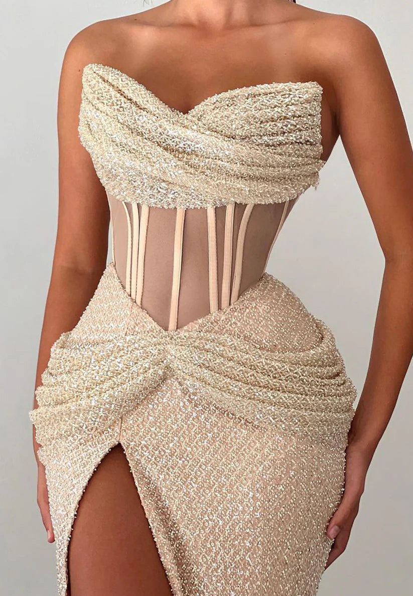 Scoop Sleeveless Sheer High Slit Sheath Prom Dress simple gentle atmospheric and unique desi Bring summer colors to enhance whiteness