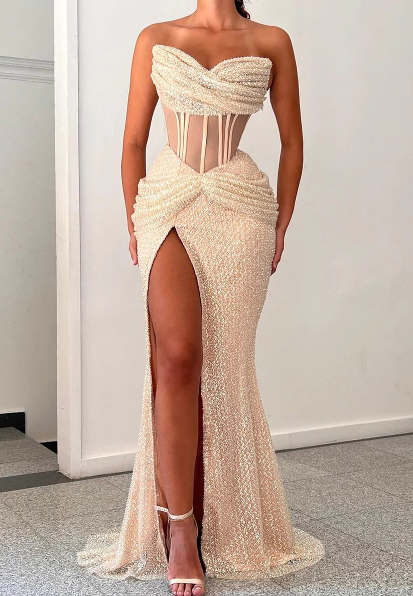 Scoop Sleeveless Sheer High Slit Sheath Prom Dress simple gentle atmospheric and unique desi Bring summer colors to enhance whiteness