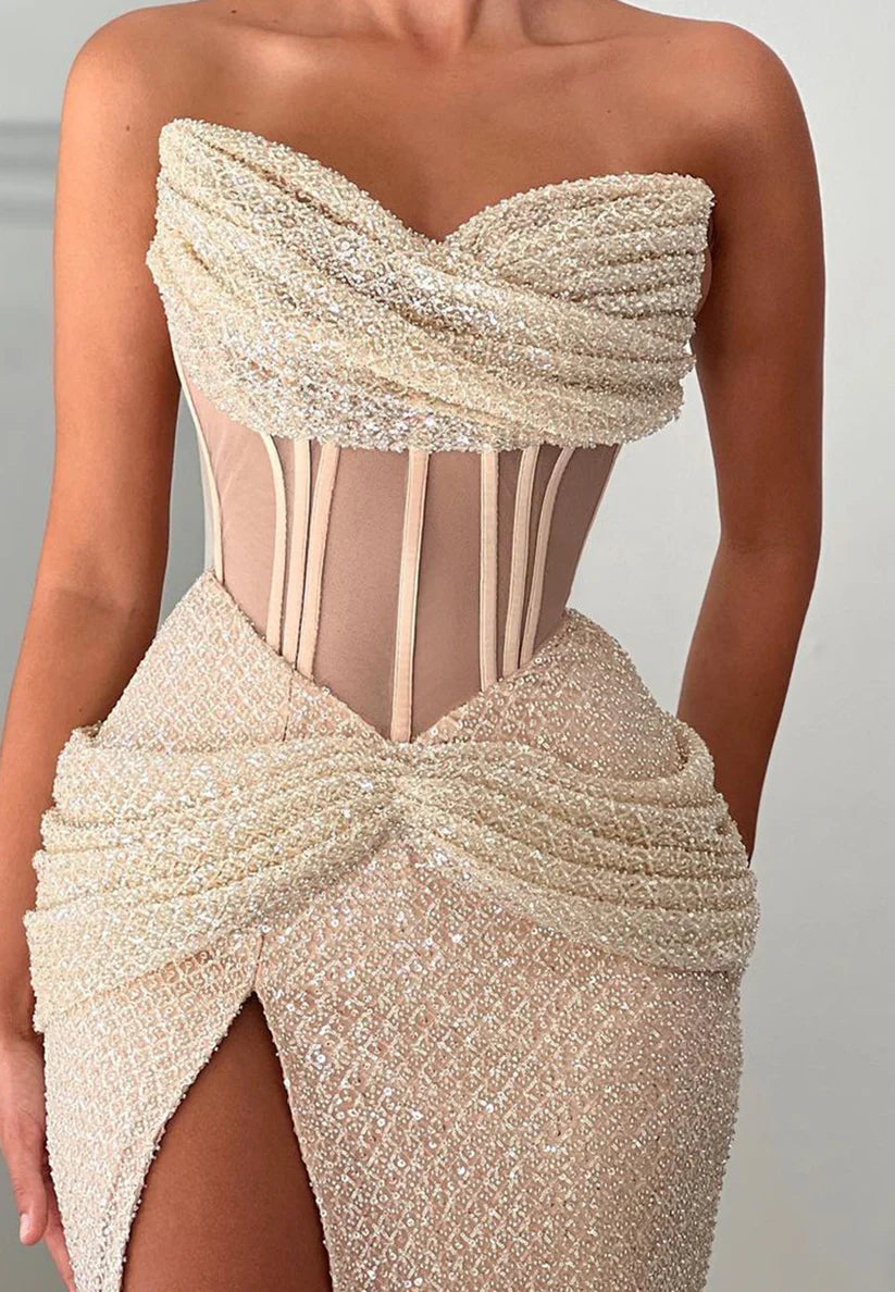 Scoop Sleeveless Sheer High Slit Sheath Prom Dress simple gentle atmospheric and unique desi Bring summer colors to enhance whiteness