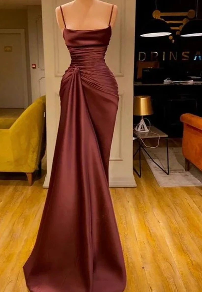 Scoop Spaghetti Straps Pleateed Sleek Prom Dress Mermaid Formal Dress simple gentle atmospheric and unique desi Bring summer colors to enhance whiteness