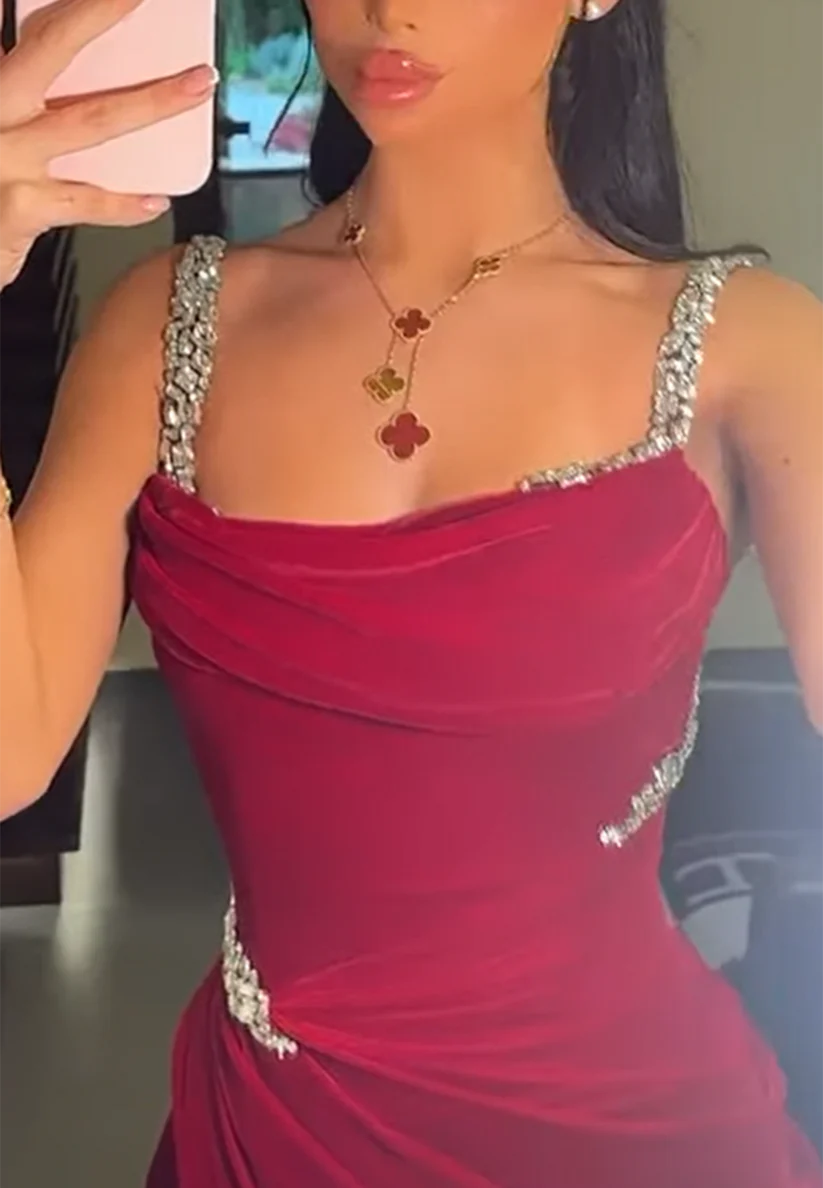 Scoop Straps PPleated Beaded Side Slit Sheath Prom Dress simple gentle atmospheric and unique desi Bring summer colors to enhance whiteness