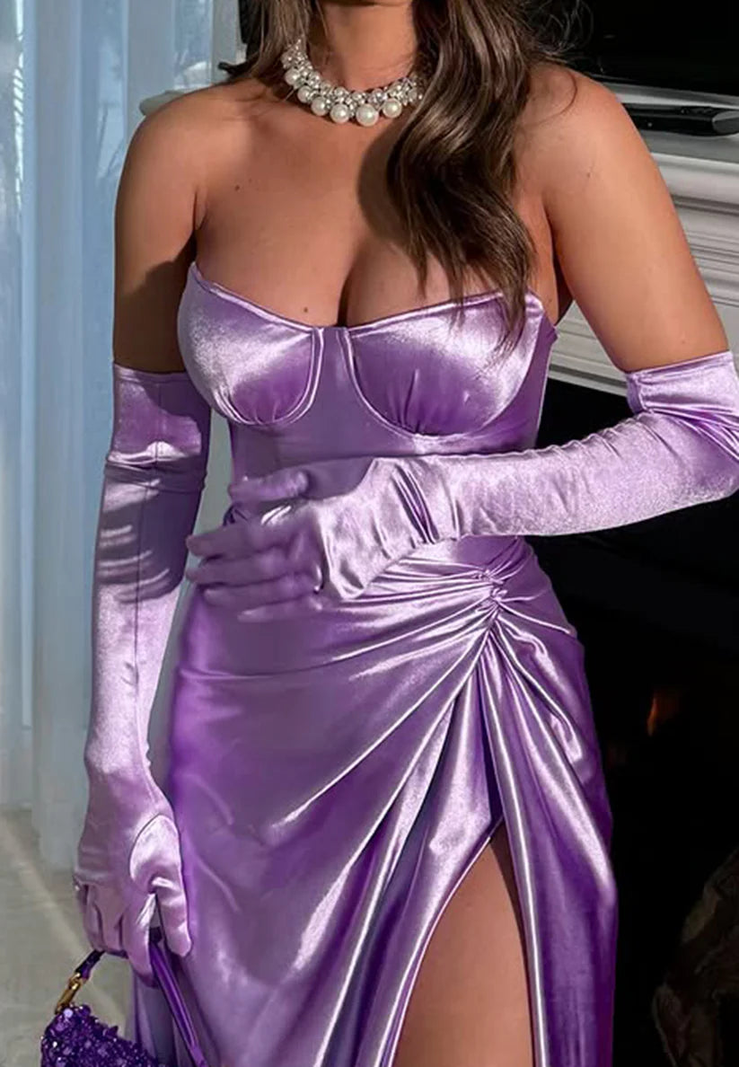 Semi-Sweetheart Strapless Side Slit Ruched Sheath Prom Dress simple gentle atmospheric and unique desi Bring summer colors to enhance whiteness