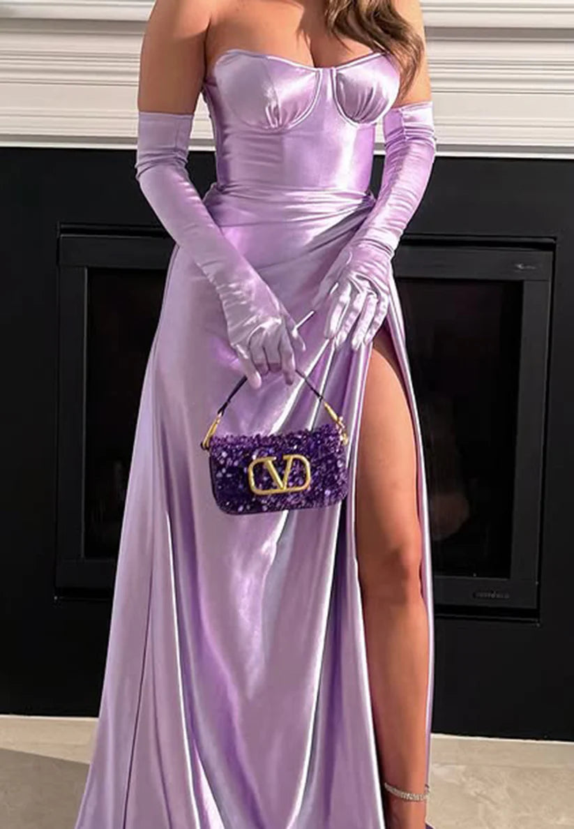 Semi-Sweetheart Strapless Side Slit Ruched Sheath Prom Dress simple gentle atmospheric and unique desi Bring summer colors to enhance whiteness