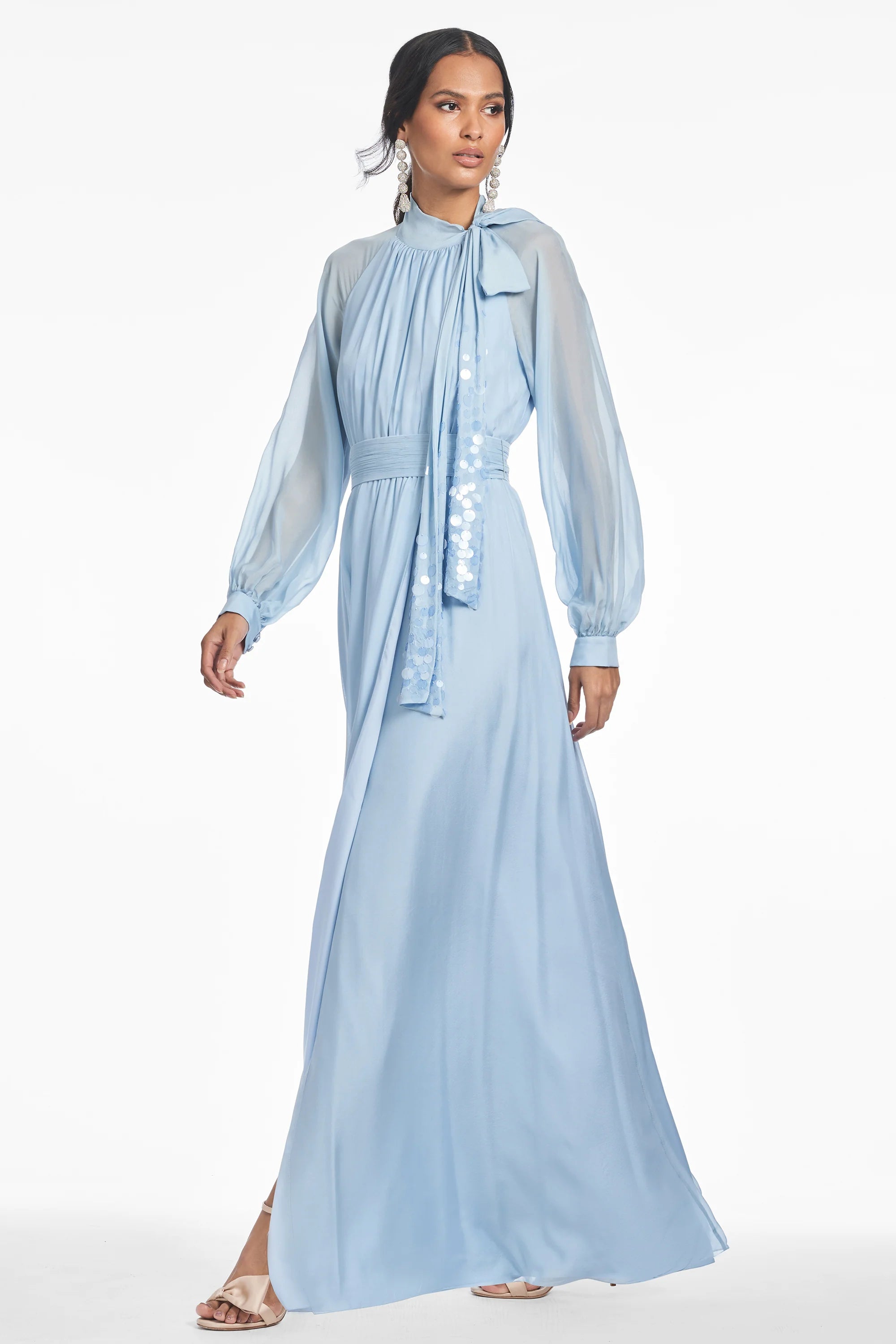 Sequin Accented Maxi Halter Neck Puff Sleeve Zipper Back Floor Length Hot Sale Evening Dress