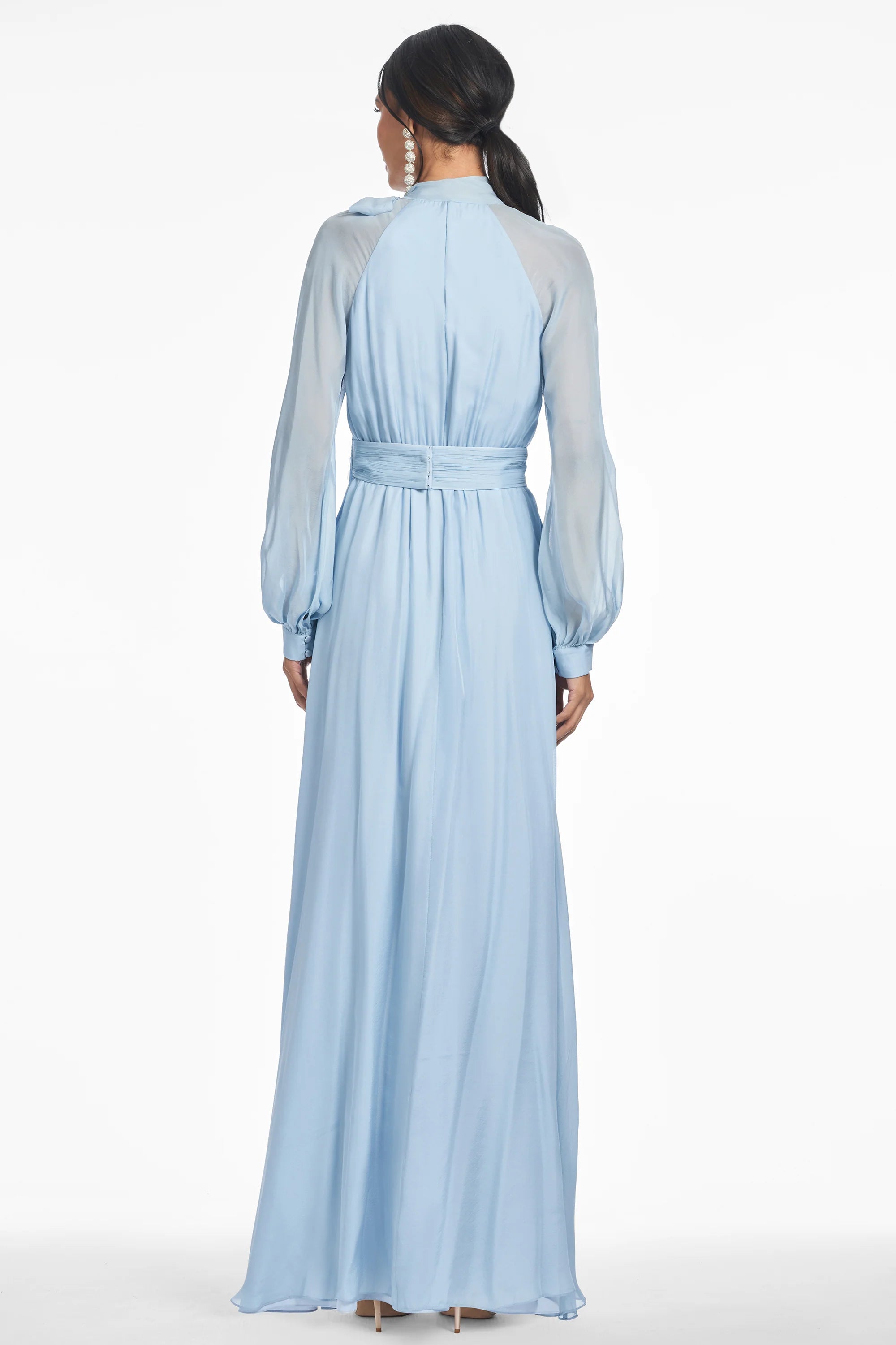 Sequin Accented Maxi Halter Neck Puff Sleeve Zipper Back Floor Length Hot Sale Evening Dress
