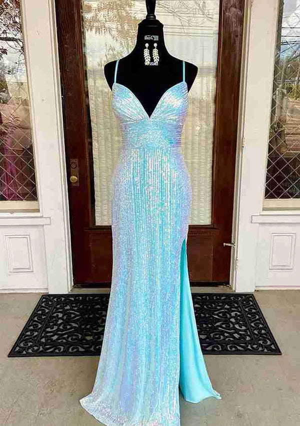 Sequin-Embellished V-Neck Sheath Prom Dress/Evening Dress with Split Simple gentle atmospheric and unique design