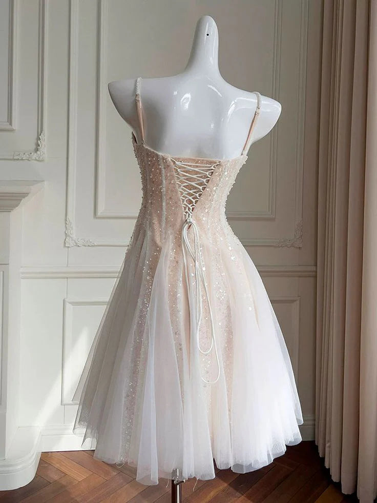 Sequin A Line Spaghetti Strap Corset Skin Color White Tulle Homecoming Dress  simple gentle atmospheric and unique desi Bring summer colors to enhance whiteness