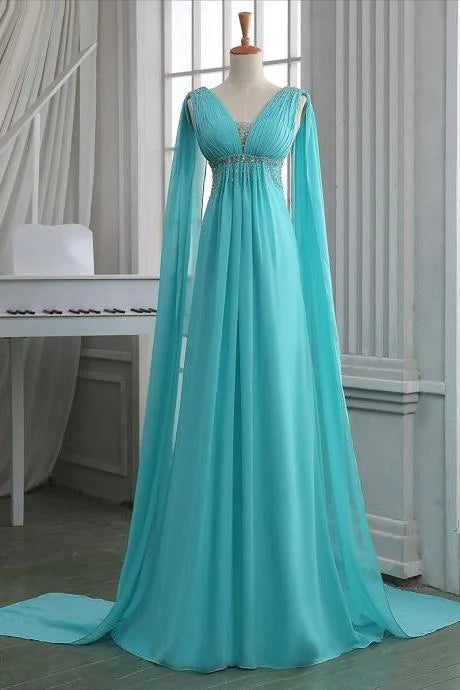 Sequins Ruched V Neck Empire Prom Dress, Turquoise Floor Length Sweep Train Prom Dress, Unique Lace-up Long Chiffon Prom Dress simple gentle atmospheric and unique desi Bring summer colors to enhance whiteness副本）