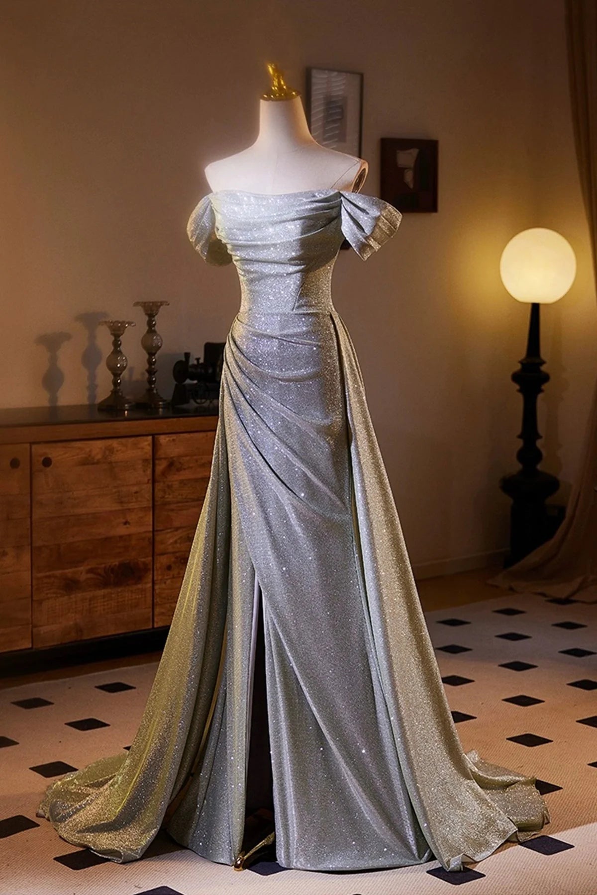 Sequins Split Front Prom Dress Off the Shoulder Sweep Train Formal Dress simple gentle atmospheric and unique desi Brin