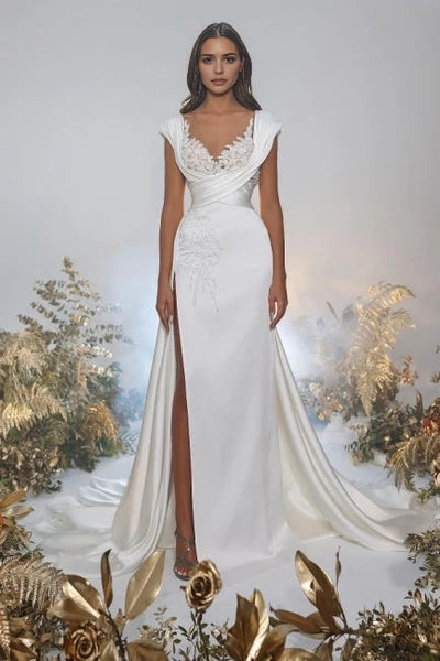 Sexy A-Line Sweetheart Appliques Floor-Length Cap Sleeve Split Front Prom Dresses with Ruffles Simple gentle atmospheric and unique design