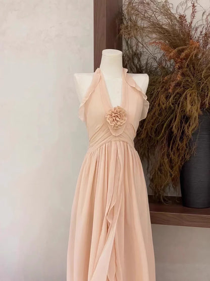 Sexy A Line Halter Ruffled Chiffon Long Women's Holiday Dresses simple gentle atmospheric and unique desi Bring summer colors to enhance whiteness