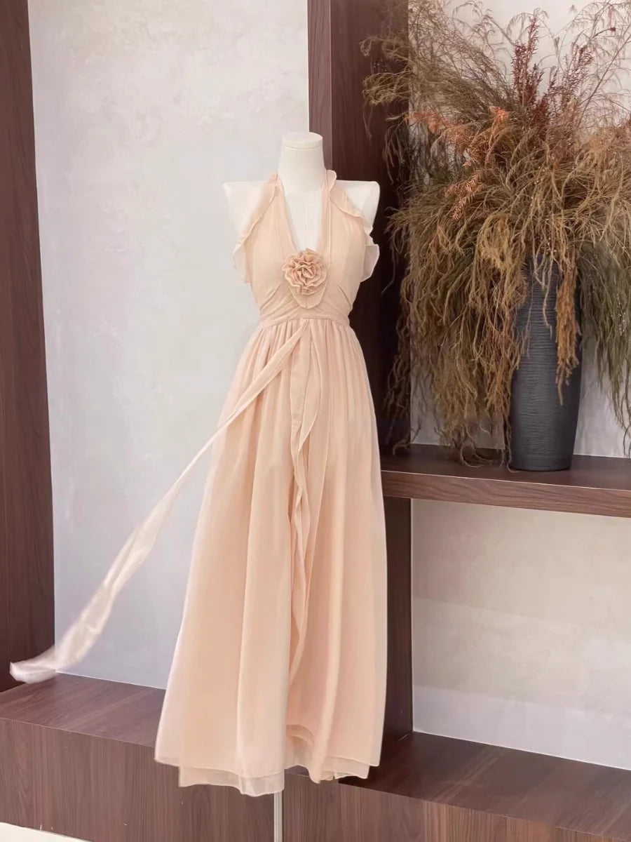 Sexy A Line Halter Ruffled Chiffon Long Women's Holiday Dresses simple gentle atmospheric and unique desi Bring summer colors to enhance whiteness