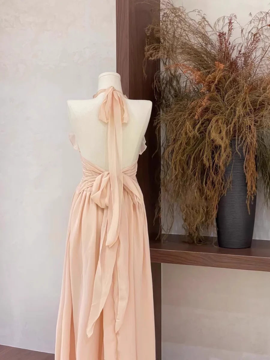 Sexy A Line Halter Ruffled Chiffon Long Women's Holiday Dresses simple gentle atmospheric and unique desi Bring summer colors to enhance whiteness
