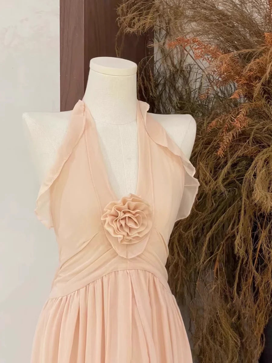 Sexy A Line Halter Ruffled Chiffon Long Women's Holiday Dresses simple gentle atmospheric and unique desi Bring summer colors to enhance whiteness