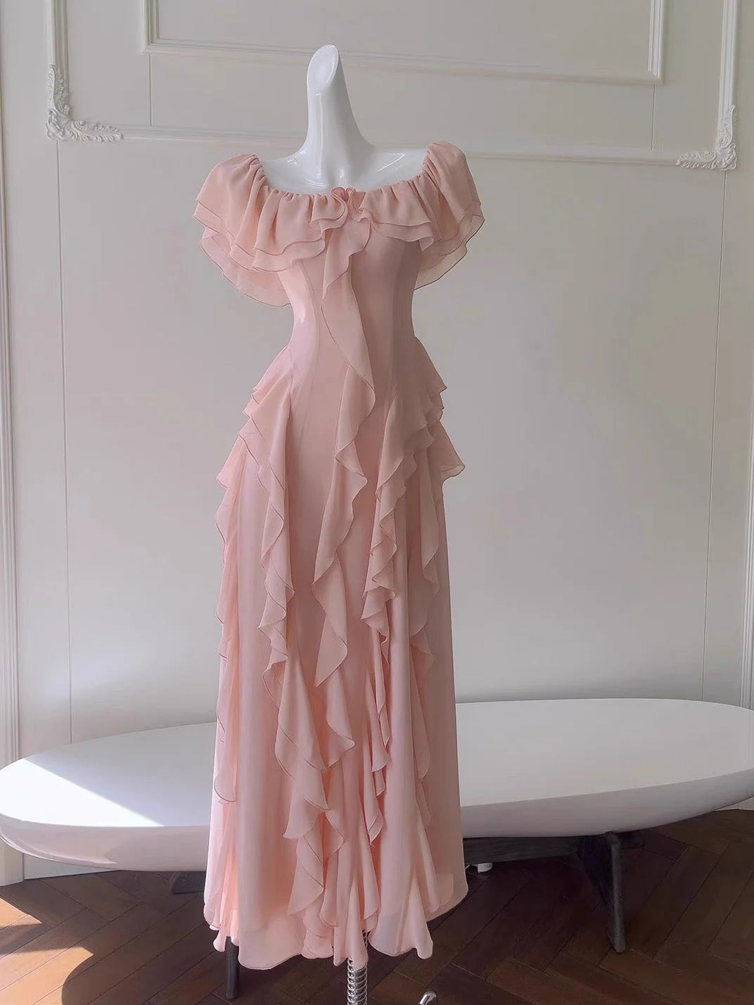 Sexy A Line Off The Shoulder Blush Pink Chiffon Long Prom Dresses Party Dress 20th Birthday Outfits Graduation Dresses simple gentle atmospheric and unique desi Bring summer colors to enhance whiteness